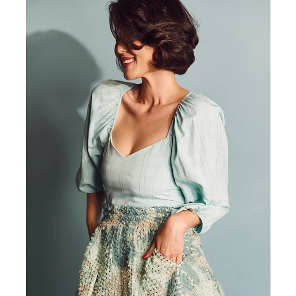 Mint BURU Plaid Women's Top - Sweetheart Neckline & Puffy Sleeves